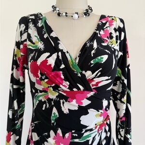 Lauren Ralph Lauren Floral Faux Wrap Dress Size 4 Black Pink Sheath Knee Length